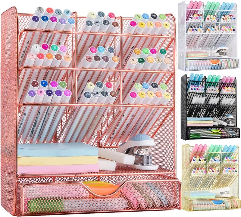 Spacrea Pen Holder Desk Organizer - Desk Organizers and Accessories, Pencil Holder with 10 Compartments and 1 Drawer（Rose Gold） - Image 1